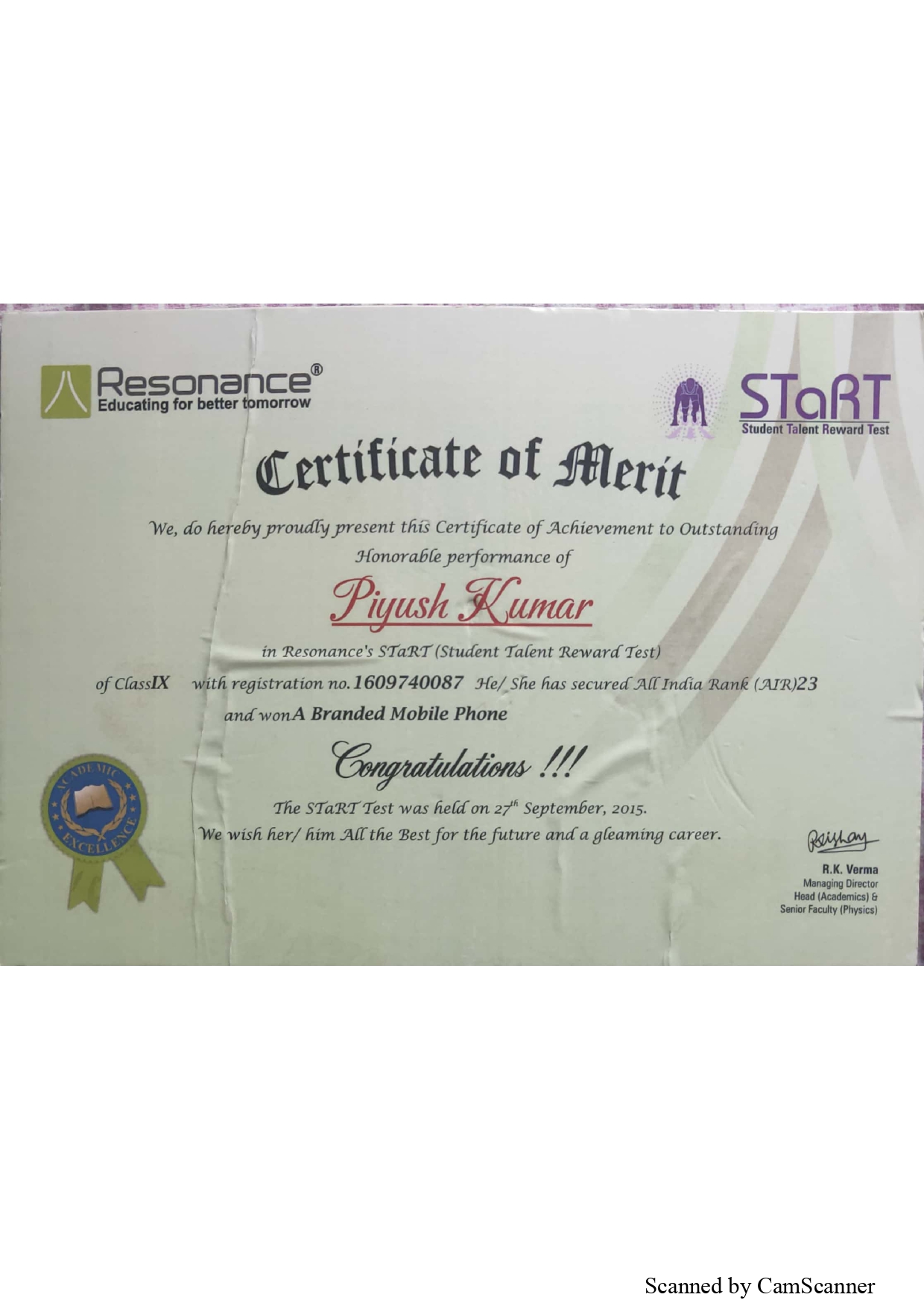 Resonance's STaRT certificate, Class 9th